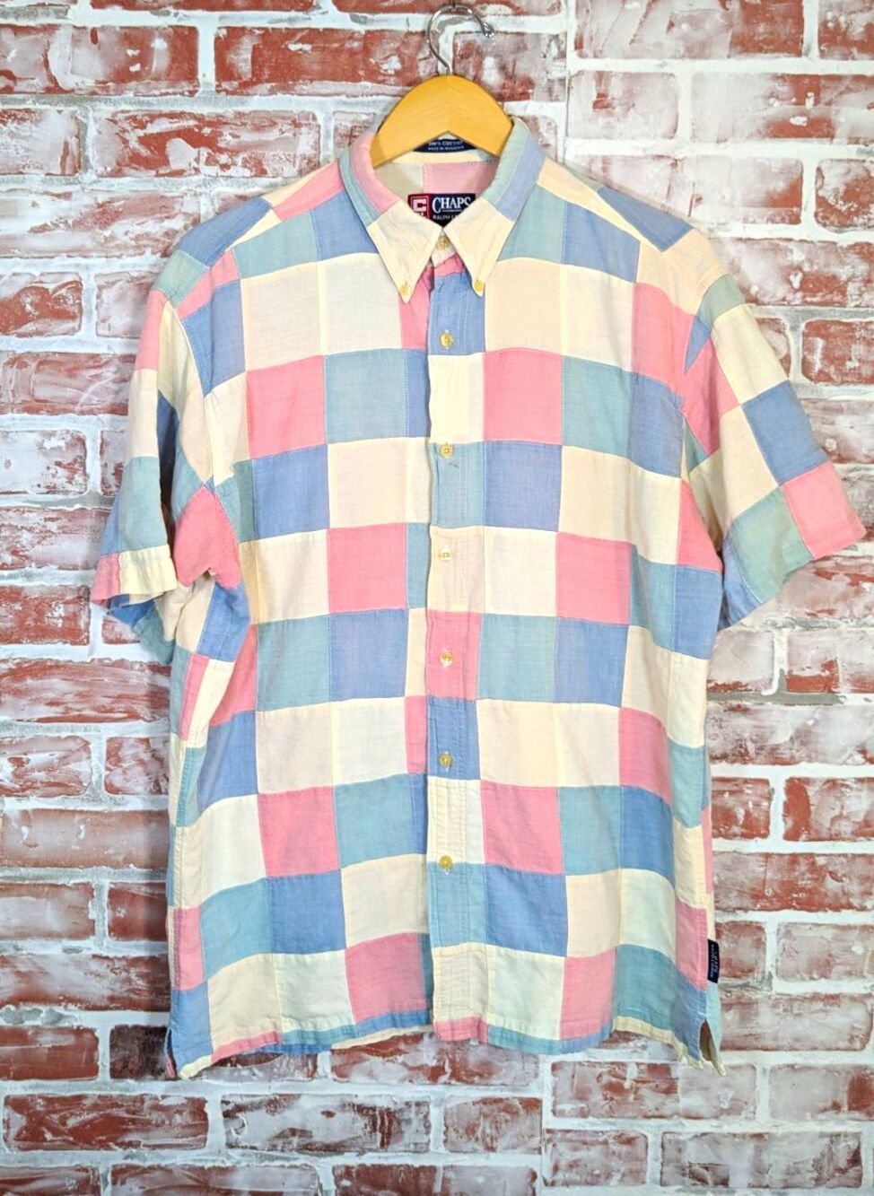 Chaps Ralph Lauren Button Down Short Sleeve Patchwork Madras Pastel Shirt L